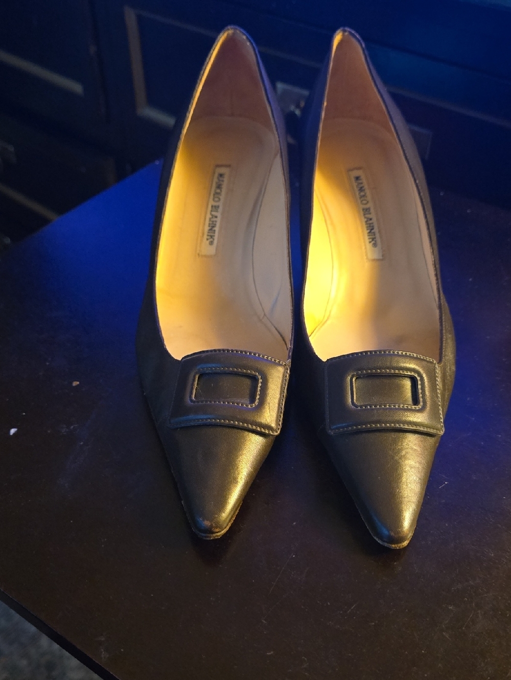 Manolo Blahnik Brown Pointed Leather Pumps with Square Buckle
